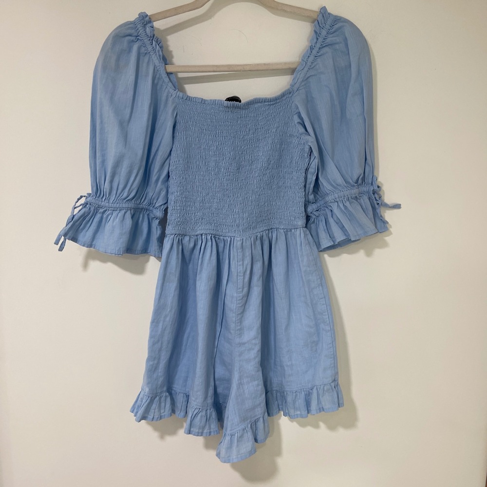 New Look Women Romper Smocked Cotton Ruffle Puff Sleeve Cottagecore 6 Blue